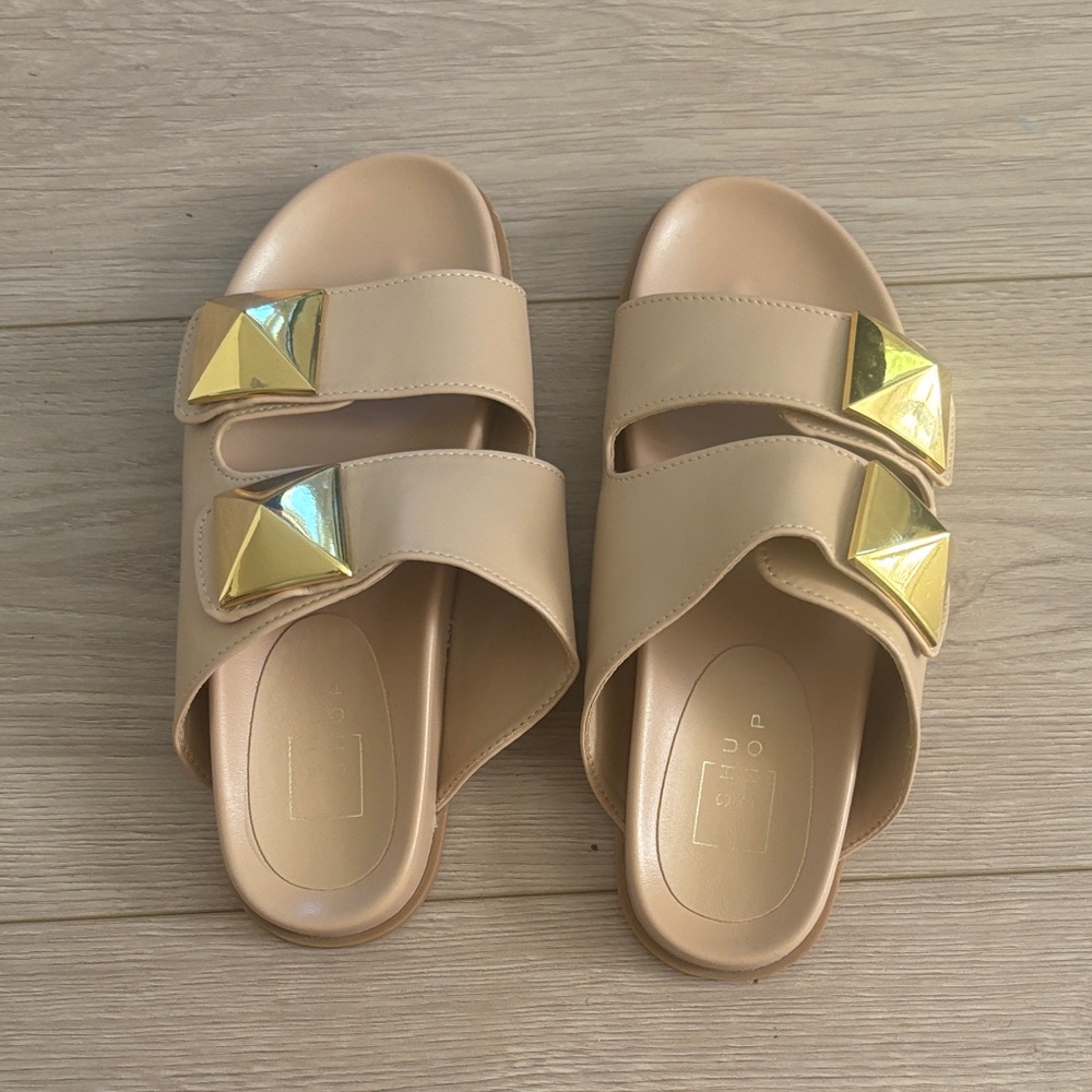 ShuShop Beige Sandals with Gold Pyramid Accents